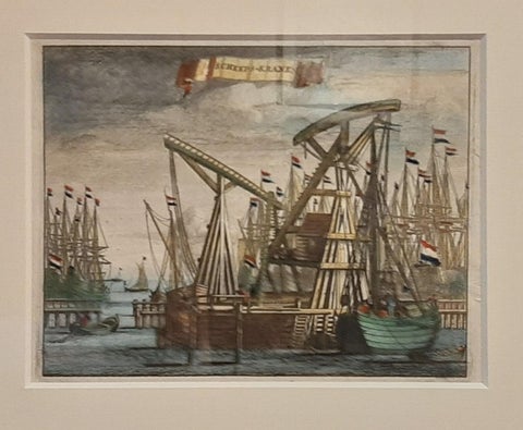 Antique Framed Print of the Ship Cranes of Amsterdam, The Netherlands, 1693, close-up 1