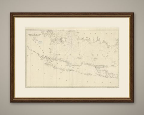Large Chart of the island and sea of Java, Indonesia, shown framed