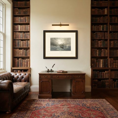 Antique Ship Print 'Le Sufren' by Durand-Brager, circa 1850, shown framed in a room