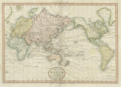 Attractive Antique Map of the World as Planisphere, Shows Cook's Voyages, 1799, close-up 1