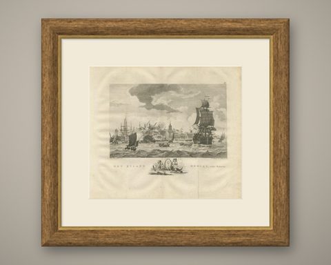 Antique Print of Ships Near Onrust Island Near Jakarta, Indonesia, 1779, shown framed