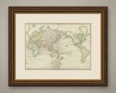 Attractive Antique Map of the World as Planisphere, Shows Cook's Voyages, 1799, shown framed