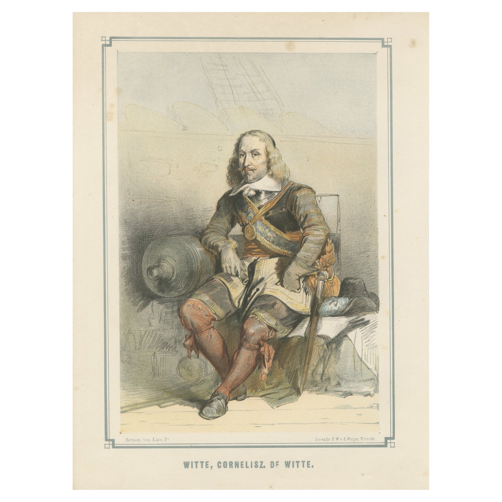 Witte Corneliszoon de With Aboard Ship, 19th-Century Hand-Colored Lithograph