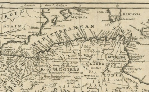 Mediterranean & Barbary Coast, Elegant 18th Century Map by Bowen, c.1747, close-up 5