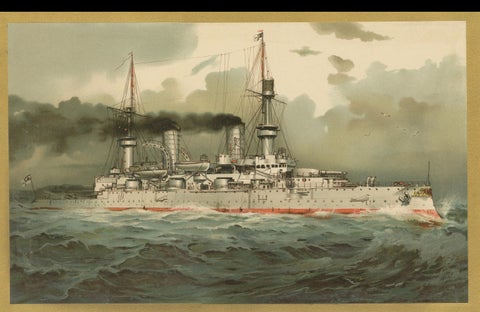 SMS Kaiser Wilhelm II: German Flagship Battleship in Chromolithograph by H. Graf, close-up 3