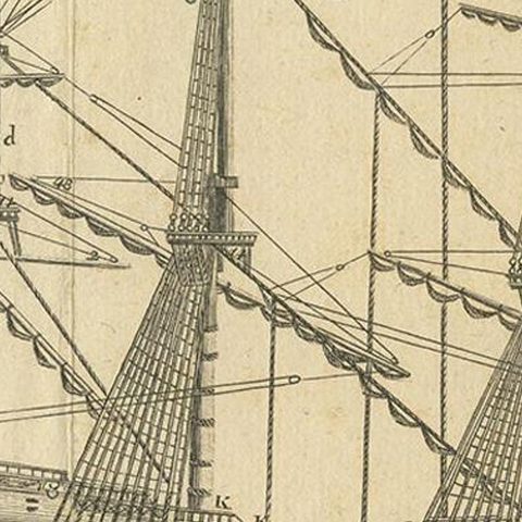 Antique Print of a Three-Masted Man-of-War, circa 1770, close-up 2