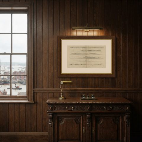 Antique Print with Coastal Views of Asia by Cook, c.1784, shown framed in a room