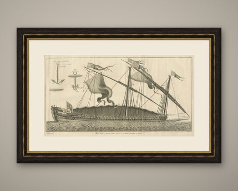 La Réale French Royal Galley, Large Naval Engraving, c.1769, shown framed