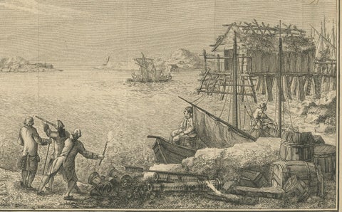 View of the Harbor of St Pierre, Newfoundland, Early French Coastal Engraving, close-up 4