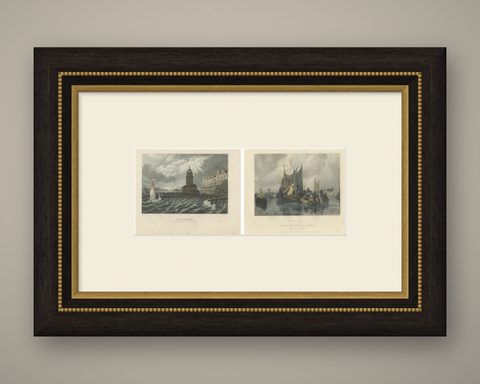 Hand-Colored Engravings of Dutch Maritime Scenes: Amsterdam and River Dort, 1830, shown framed