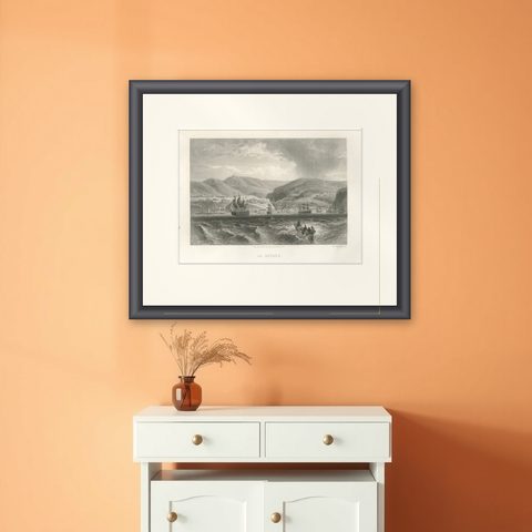 Rare Antique Engraving, Havana, Cuba, Harbor and City Landscape, 1867, shown framed on a wall