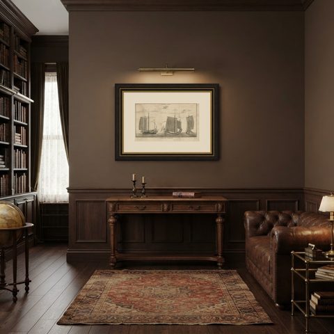 Antique Print of Chinese Vessels by Anson, '1749', shown framed in a room