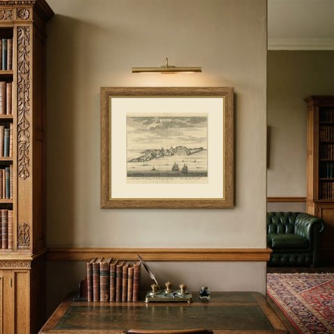 Antique Print of the Coast of Dabhol 'India', 1726, shown framed on a wall