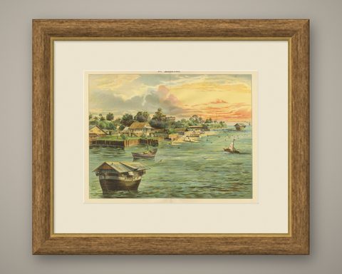 Antique Chromolithograph of Coastal Cameroon with Boats and Settlement, ca. 1890, shown framed