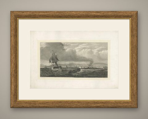 Antique Maritime Print with Ships in the View of a Harbour, circa 1860, shown framed