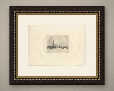 Antique Great Yarmouth Fishing Boats Maritime Etching by E.W. Cooke, 1828, shown framed