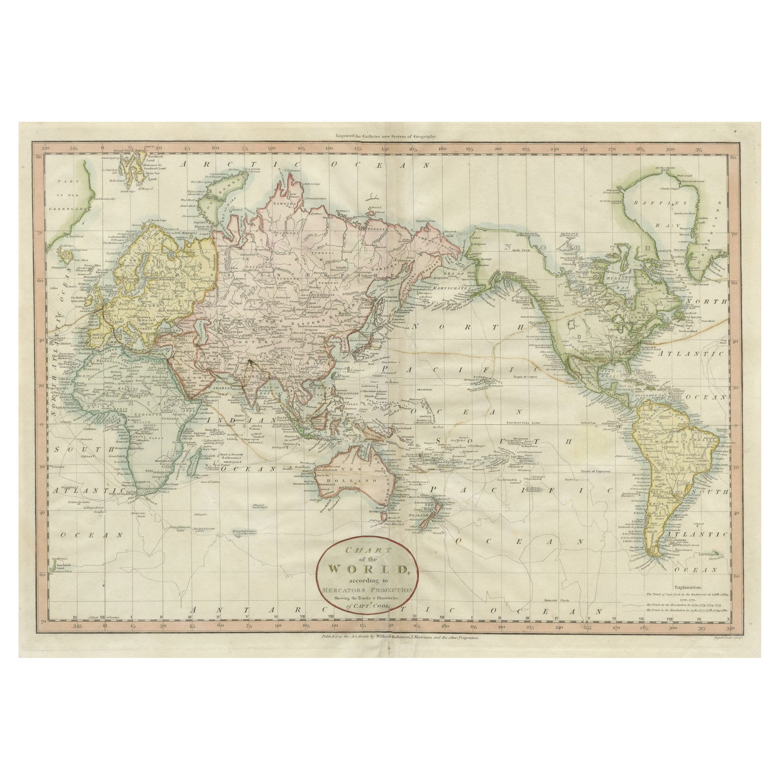 Attractive Antique Map of the World as Planisphere, Shows Cook's Voyages, 1799