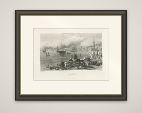 New Orleans Harbor, Mississippi River Shipping and Steamers, Engraving ca.1850, shown framed