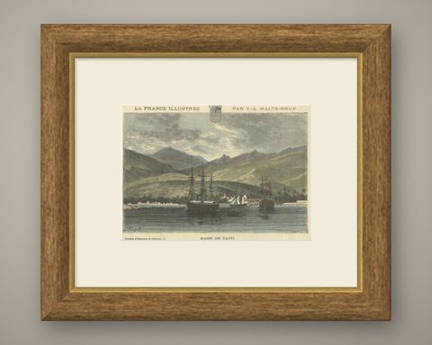 Rade de Taïti: 1883 Hand-Colored Engraving of Tahiti Harbor, La France Illustree, shown framed