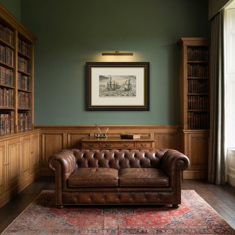 Antique Print of a Fleet of Nine Ships Departing to the East Indies '1603', shown framed in a room