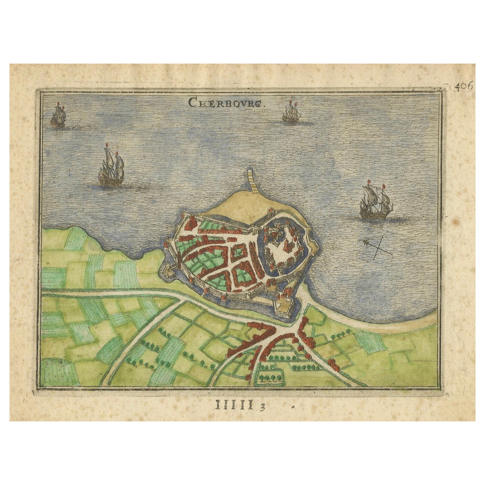 Cherbourg, Antique Hand-Coloured French Coastal Town Engraving (1666)