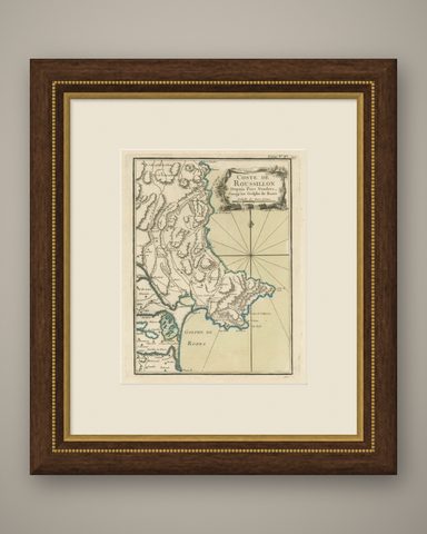 Antique Map of the Coast of Roussillon, France, shown framed