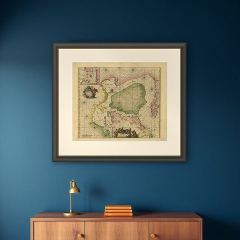 Greenland & North America, Antique Sea Chart by Frederick de Wit, 1745, shown framed on a wall