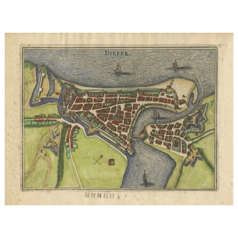 Dieppe, Antique Hand-Coloured French Coastal Town Engraving (1666)