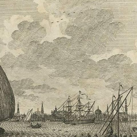 Antique Print with a View of Amsterdam from the IJ Dock by H. Schouten, close-up 2