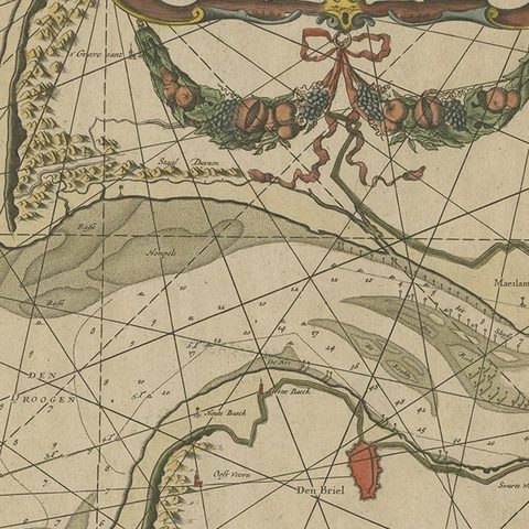 Original Antique Sea Chart of the Maas 'or Meuse' River with Neptunes, 1684, close-up 2