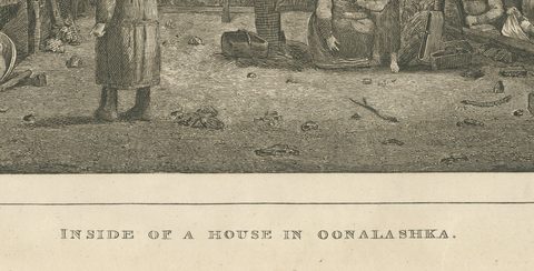 House in Oonalashka, Captain Cook Voyage, after Webber, Engraving, circa 1820, close-up 2