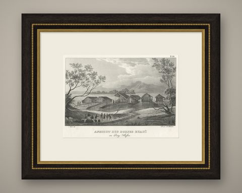 Original Lithograph with a Scene of a Village and Harbour in New Guinea, c.1836, shown framed