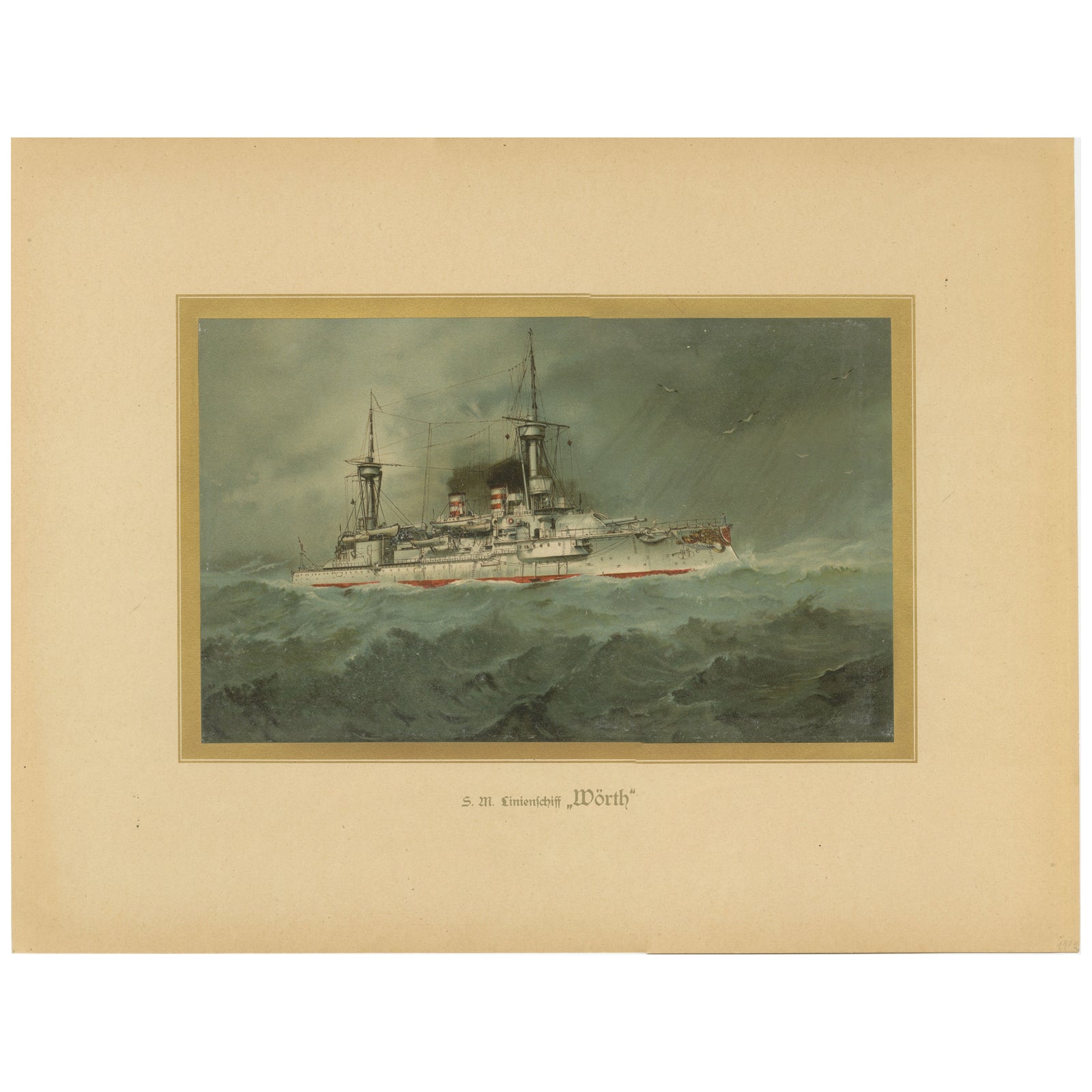 SMS Wörth: German Pre-Dreadnought Battleship in Stormy Seas, 1903 Chromolitho
