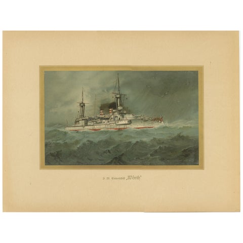 SMS Wörth: German Pre-Dreadnought Battleship in Stormy Seas, 1903 Chromolitho