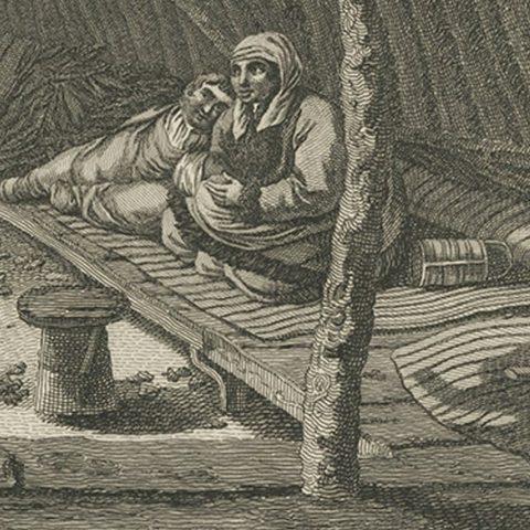 Interior of Winter House, Kamchatka, Cook Voyage Engraving c.1803, close-up 2