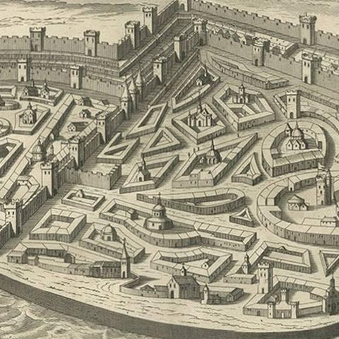 Antique Print of the City and Port of Ptolemais in Phoenicia by A. Calmet, 1725, close-up 2