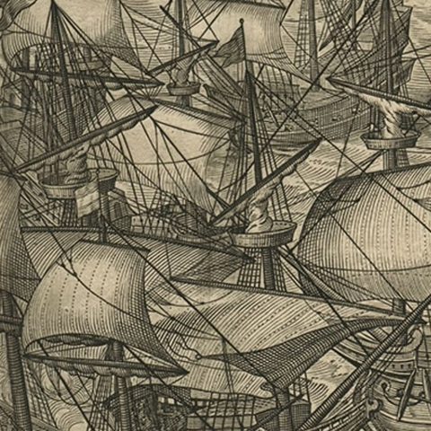 Engraving of Dutch Attacking the Portuguese Fleet off Bantam, Indonesia, 1644, close-up 2