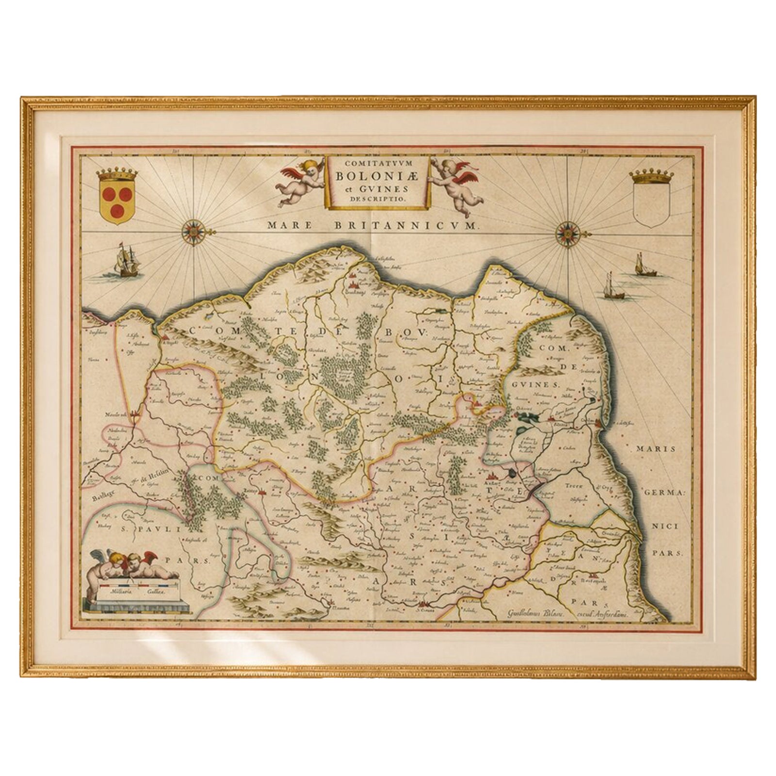 Blaeu Map of Boulogne & Calais Coast, Maritime France, Ships c.1642