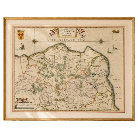 Blaeu Map of Boulogne & Calais Coast, Maritime France, Ships c.1642