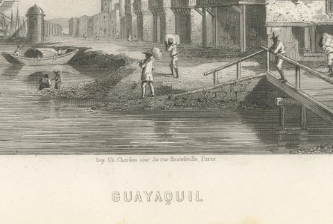 Antique Engraving of Guayaquil, Waterfront and Harbor City View, 1867, close-up 2