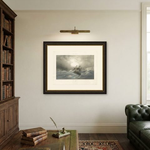 Antique Ship Print 'Le Sufren' by Durand-Brager, circa 1850, shown framed on a wall