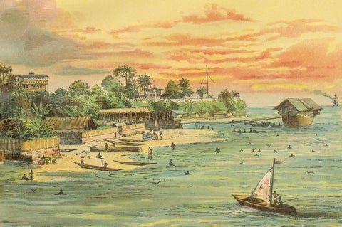 Antique Chromolithograph of Coastal Cameroon with Boats and Settlement, ca. 1890, close-up 1