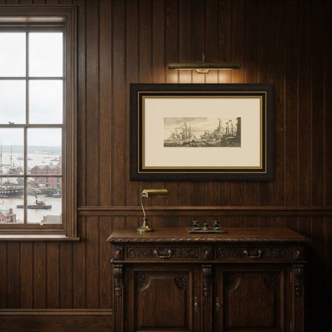 Maritime Scene in the Aegean Archipelago with Fortifications & Ships, circa 1680, shown framed in a room