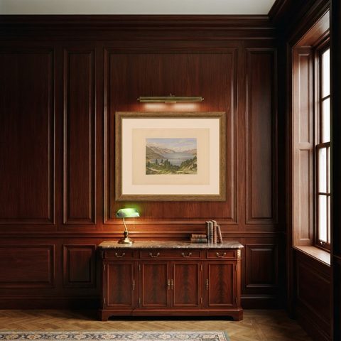 Antique Print of Lyttelton Harbour 'New Zealand' by Blatchley, circa 1877, shown framed in a room