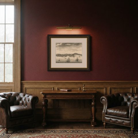 Antique Print of Kannur or Cananore with Ships, in Kerala, India, 1726, shown framed in a room