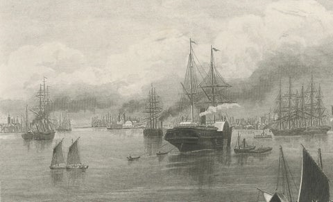 New Orleans Harbor, Mississippi River Shipping and Steamers, Engraving ca.1850, close-up 4