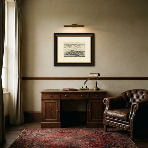 Antique Print of Chinese Vessels Near Lantam, China, 1665, shown framed in a room