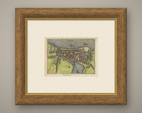 Dieppe, Antique Hand-Coloured French Coastal Town Engraving (1666), shown framed