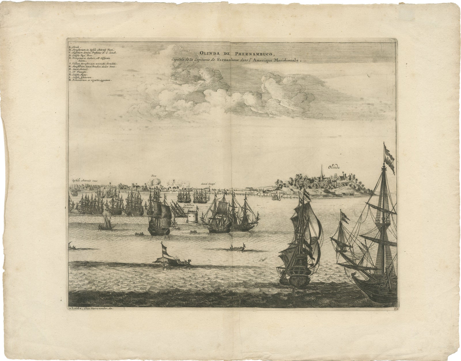 Rare View of Olinda Pernambuco Brazil and Dutch Fleet, 1671
