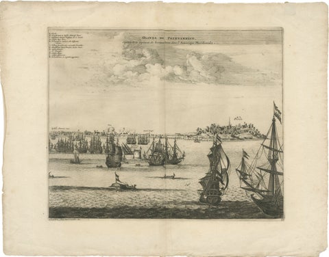 Rare View of Olinda Pernambuco Brazil and Dutch Fleet, 1671